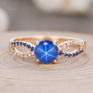 6mm round blue Star Sapphire Ring,Pink Star Sapphire Cabochon Engagement Ring, Sapphire Diamond Split Shank Wedding Ring Rose Gold 10k