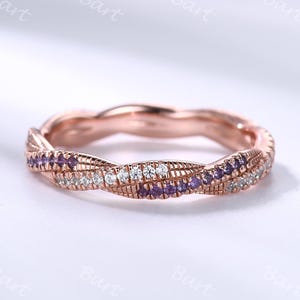 Amethyst Moissanite Twist Ring: 14k Rose Gold Wedding Band