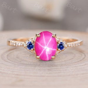 Cabochon Oval Pink Star Sapphire Birthstone Ring, September Pink Lindy Sapphire Ring,Three stone rose gold ring,Vintage Ring,Barbie Jewelry