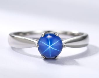 Vintage Blue Star Sapphire Solitaire Ring Pinched Band,6 8 9mm Round Lindy Blue Star Sapphire Solitaire Ring,Star Sapphire Anniversary Gift