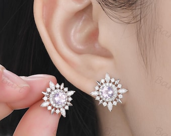 Pendientes de amatista lavanda con halo de plata con copos de nieve estilo art déco