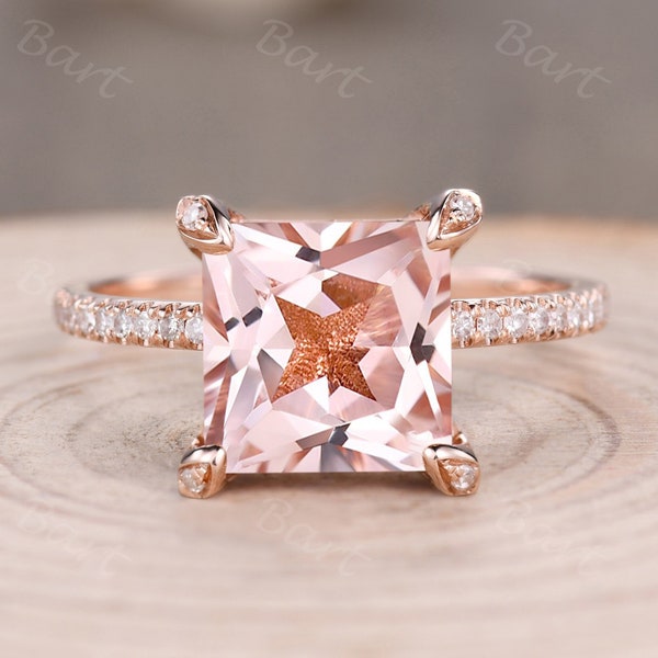 14K Rose Gold Pink Morganite Engagement Ring 8mm Princess Cut Hidden Diamond Halo Ring Anniversary Ring For Women Prong Set Diamond Band