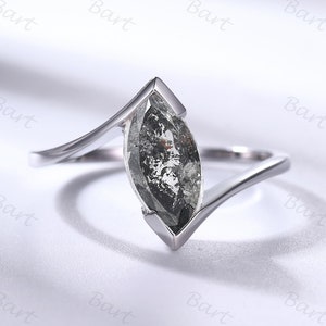 Bypass Diamond Ring 1 carat Marquise Salt and Pepper Diamond Solitaire Engagement Ring Half Bezel Bypass Shank Ring Marquise Gray Diamond