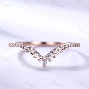 14K Rose Gold Anniversary Ring, Moissanite Stackable Curved Wedding Band, Curved Diamond Chevron Nesting Band, Bridal Promise V Shape Band