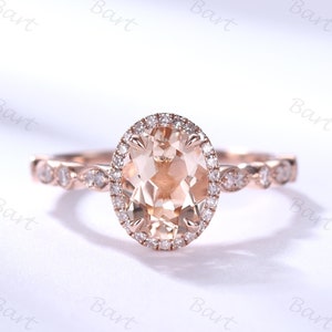 6x8mm Morganite Engagement Ring Rose Gold Diamond Halo Ring Anniversary Rings For Women Oval Cut Natural Morganite Diamond Ring Vintage Ring