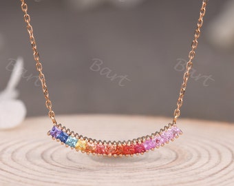 Fantasy Curve Rainbow Sapphire Bar Necklace Multi-Color Princess Sapphire Horizontal Bar Necklace 18K Rose Gold Lesbian BFF Inclusive Gift
