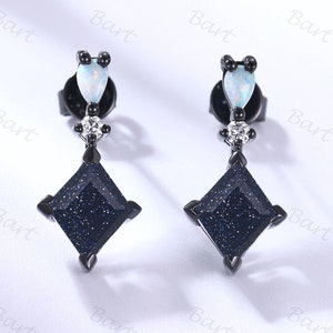 Geometric Black gold studs, 3 Stones Diamond Shape Sandstone Opal Earrings, Women's lozenge cut blue sandstone dangle earrings Gothic galaxy