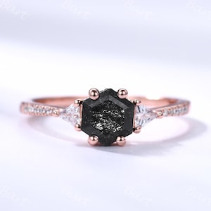 Dainty Black Rutilated Quartz Ring Hexagon Cut Black Quartz Geometric Ring Moissanite Side Stone Silver Quartz Engagement Ring Anniversary