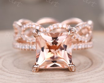 14K Natural Princess Pink Morganite Wedding Ring Set Moissanite Hidden Halo Ring Rose Gold Twist Loop Infinity Band Anniversary Women Gift