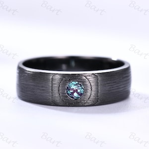 5.6mm wide men&#39;s band round Alexandrite brushed band for men Gothic black gold Matte Finish men alexandrite engagement ring His Wedding band