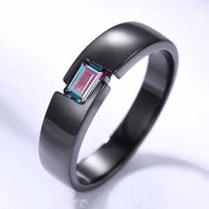 6mm Black Gold Emerald-cut Alexandrite Wedding Ring Solitaire Alexandrite Men&#39;s Engagement Ring Polished Stacking Band Men&#39;s Wedding band