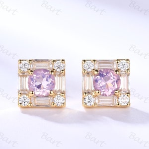 Lavender Amethyst Moissanite Studs Valentines Gift Round Rose de France Amethyst Earring 14K Silver Earring Square halo purple amethyst stud