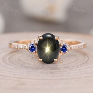 Oval Black Star Sapphire Three-Stone Ring, Lindy Black Star Sapphire 14k Rose Gold Wedding Ring,Black Star Sapphire Diopside Ring,Women Gift