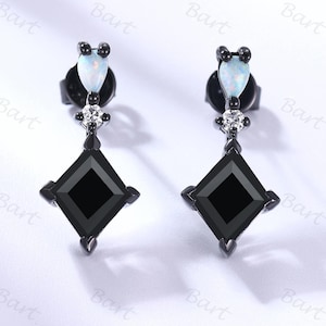 Geometric Black gold studs,3 Stones Diamond Shape Black Onyx Opal Earrings Women lozenge onyx dangle earrings Gothic rhombus studs Halloween