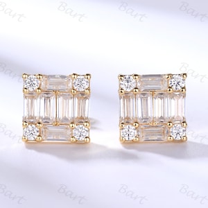 Baguette and Round Cut Stud Earring 14k Yellow Gold Moissanite Baguette Halo Earring Minimalist Dainty Earring Mini Baguette Cluster Earring