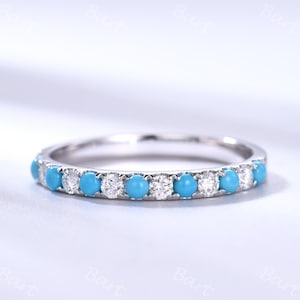 Turquoise and diamond matching band in 14k white gold/Wedding ring/Stacking wedding band/Gemstone ring gift/Diamond anniversay ring