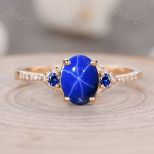 Three Stone Oval Blue star sapphire ring, Pink lindy star ring, 925 sterling silver Birthstone ring, Cabochon Engagement ring, Gift for her