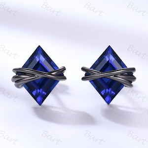 Lozenge Blue sapphire black gold studs, birthstone point stud earrings Diamond shape Wire Wrapped Sapphire Boho Jewelry Birthday Gift Simple