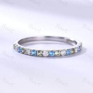 Gemstone Anniversary Wedding Band Half Eternity Diamond Peridot Topaz Stacking Ring Gemstone Jewelry Personalized Band Birthstone Ring 1.5mm