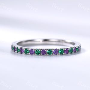 14k White Gold Emerald Amethyst Half / Full Eternity Ring: Stackable Wedding Band