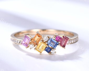 Multi Shape Multi Color Rainbow Bar Band 18K Yellow Gold Colorful Baguette Princess Cut Sapphire Diamond Band Ombre Staggered Lesbian Ring