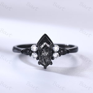 Art Deco Coffin Cut Black Rutilated quartz Ring 14K black Gold Unique black quartz Engagement Ring Kite quartz Diamond Bridal Promise Ring