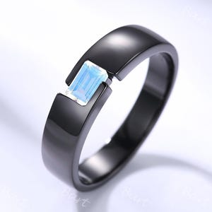 6mm Black Gold Emerald-cut Moonstone Wedding Ring Solitaire June Moonstone Men's Engagement Ring Polished Stacking Band Men's Wedding band