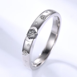 3mm Women Hexagon Black Quartz Band Diamond Star Polishe Wedding Band Dainty Star Setting Quartz Anniversary Band Silver Star Celestial Ring