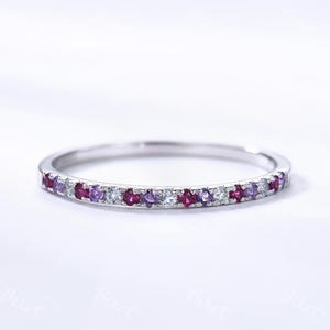 Platinum Gemstone Stacking Ring: Aquamarine, Amethyst & Ruby Half Eternity Band