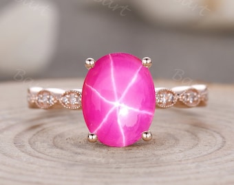 3 Carat Oval Star Sapphire Solitaire Ring, Pink Sapphire Certified Cabochon Rose Gold Ring, AAA  Lindy Star Sapphire Birthstone Ring Gift
