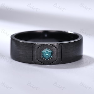Hexagon cut natural green sapphire men's wedding band Gothic black gold men wedding ring Matte Finish Retro Brush Hexagon Teal Sapphire Ring