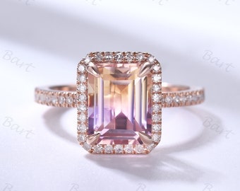 7x9mm Emerald Shape Ametrine Silver Ring Octagon Cut Genuine Natural Ametrine Ring Diamond  Halo Ametrine Raw Crystal Jewelry Ring For Women