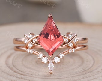Vintage kite cut pink sapphire ring Unique 14k rose gold engagement ring set Solitaire padparascha sapphire diamond bridal wedding ring set