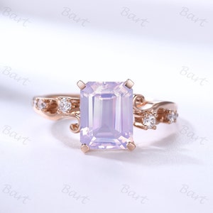 14k Rose De France Amethyst Engagement Ring, Emerald Cut Lavender Amethyst Moissanite Ring, Antique Milky Amethyst Filigree Wedding Ring