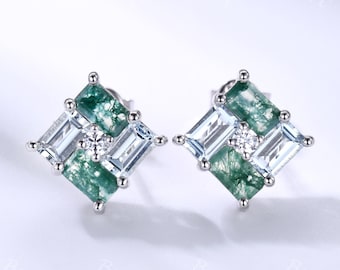 Aretes tipo botón de aguamarina y ágata musgosa baguette: racimo de oro blanco de 14 quilates