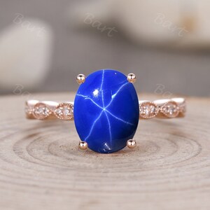 8x10mm Oval Cut Blue Star Sapphire Engagement Ring Art Deco Women Anniversary Ring 14k Rose Gold Diamond Wedding Band Lindy Star Bridal Ring