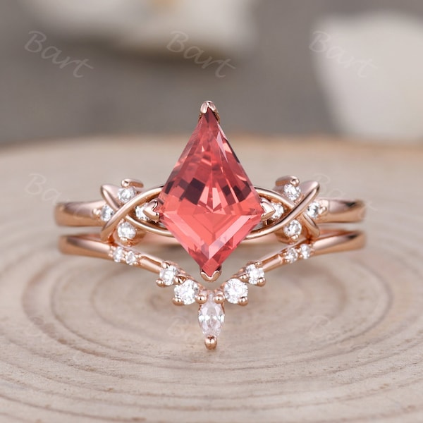 Vintage kite cut pink sapphire ring Unique 14k rose gold engagement ring set Solitaire padparascha sapphire diamond bridal wedding ring set