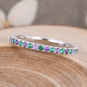 14k White Gold Natural Emerald Amethyst Wedding Band Full Eternity Ring Stackable Matching Ring Birthstone Women Promise Anniversary Gift