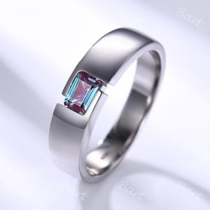 6mm Emerald-cut Alexandrite Wedding Ring Solitaire Alexandrite Men&#39;s Engagement Ring White Gold Polished Stacking Band Men&#39;s Wedding band