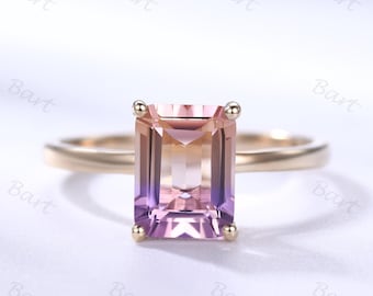 1.5CT Emerald Solitaire Ametrine Engagement Ring Solitaire Citrine Amethyst Ring, Emerald Ametrine Yellow Gold Hidden Halo Ring Minimalist