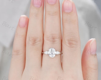Oval Moissanite Engagement Ring: Pear Side Stones, 14k White Gold Trilogy Ring