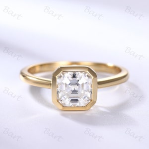 Bezel Set Asscher Cut Solitaire Moissanite Engagement Ring / 14K Gold Dainty Moissanite Ring / Asscher Cut Solitaire Promise Ring for Women