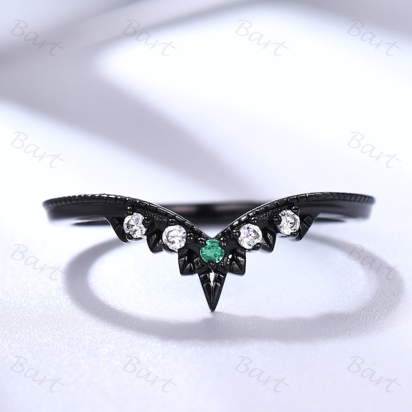 Dainty Curved Moissanite Emerald Wedding Band,Curved Leaf Band,Vintage Black Gold Emerald Diamond Chevron Ring, Women V-Shaped Matching Ring