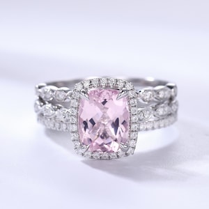 7x9mm Cushion Natural Pink Morganite Engagement Ring Vintage 14K white Gold Morganite Bridal Set Moissanite Art Deco Stacking Matching Bands