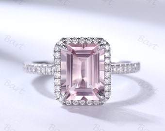 7x9mm Halo Emerald Cut Natural Pink Morganite Engagement Ring For Women White Gold Diamond Halo Emerald Cut Ring Personalized Gift For Love