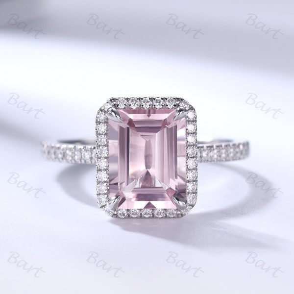 7x9mm Halo Emerald Cut Natural Pink Morganite Engagement Ring For Women White Gold Diamond Halo Emerald Cut Ring Personalized Gift For Love