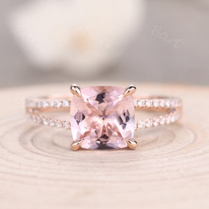 Natural Cushion Cut Pink/Peach Engagement Ring 14k Rose Gold Diamond Split Shank Morganite Diamond Women Bridal Ring Morganite Jewelry Rings Pink Morganite