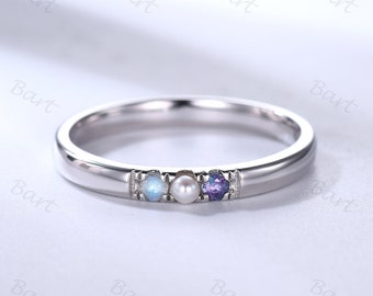 White Gold Ring for Mother, June Birthstone Ring, Pearl Moonstone Alexandrite 2mm Personalized Dainty Birthstone Ring, Mother&#39;s Gift Jewelry