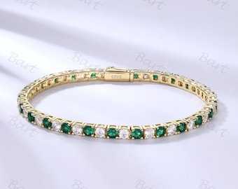 Alternating Round Emerald & Moissanite Yellow Gold Bracelet 3mm Emerald Moissanite Tennis Bracelet May Birthstone Bracelet Anniversary Gift