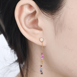 Moon and Stars Antique Silver Dangle Drop Earrings Rainbow Sapphire Celestial Studs Colorful Gems Earrings Unique Gift Moon Dangling Earring